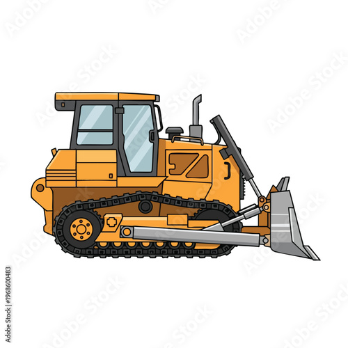Yellow tracked bulldozer with a large metal blade and enclosed cab