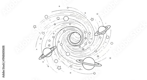 Space, galaxy, planets, stars, astronomy, vector illustration, celestial bodies, cosmic, swirling design