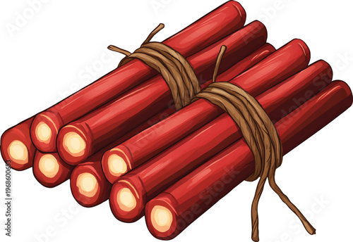 sticks of red dynamite with brown twine, isolated on a transparent background.