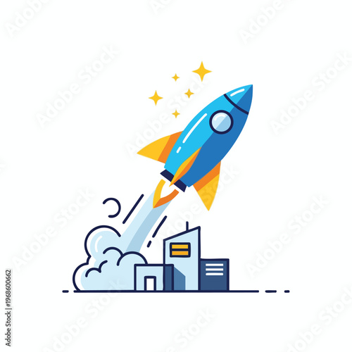 A blue rocket blasts off from a building, leaving smoke trails