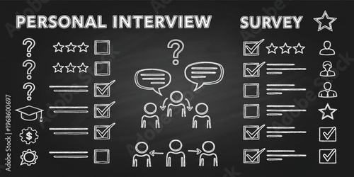 Personal Interview and Survey Concept with Chalkboard Style Icons, Questionnaires, Feedback Ratings, and Human Interaction for Research, Evaluation, and Data Collection Illustration