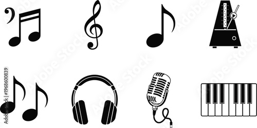 Music and audio equipment icon set featuring notes treble clef headphones microphone piano metronome silhouette collection isolated on white background