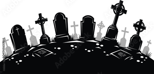 Spooky Cemetery Silhouette with Gravestones, Crosses, and Haunted Graveyard Scene for Halloween Design, Horror Backgrounds, Dark Illustration, and Gothic Vector Artwork