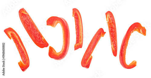 Cut slices of red sweet bell pepper isolated on a white background, top view. Fresh Bulgarian pepper.