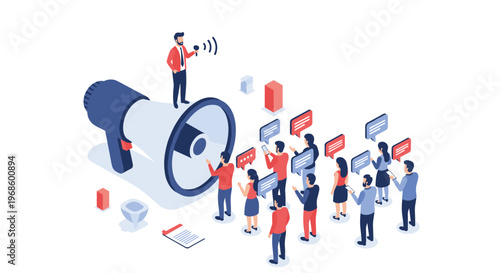 Public speaker standing on a giant megaphone addressing a crowd of people with digital speech bubbles for marketing.