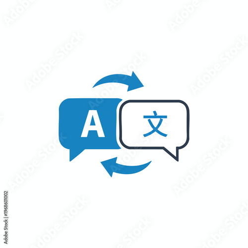 Two speech bubbles with opposing arrows indicating translation between alphabetic and character-based languages