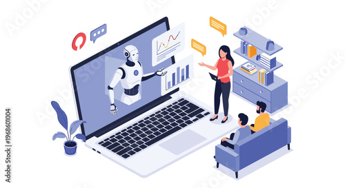 Presentation about artificial intelligence with an AI robot appearing on a laptop screen to explain data to people.