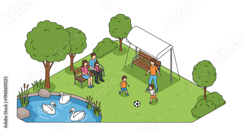 Happy family relaxing in a green park with children playing football and parents sitting on a bench near a swan pond.