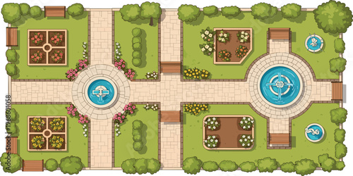 Top View Garden Park Layout with Pathways, Fountains, Flower Beds, and Trees for Landscape Design, Urban Planning, and Outdoor Recreation Vector Illustration