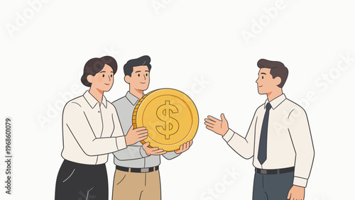 Three people holding large coin