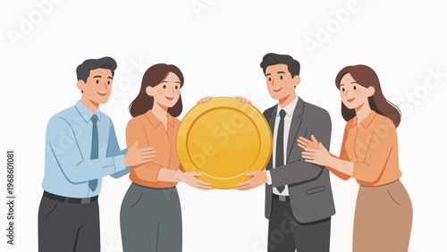 Business team holding golden coin