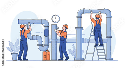 Professional plumbers in uniform installing and maintaining a large industrial pipe system with various tools and equipment.
