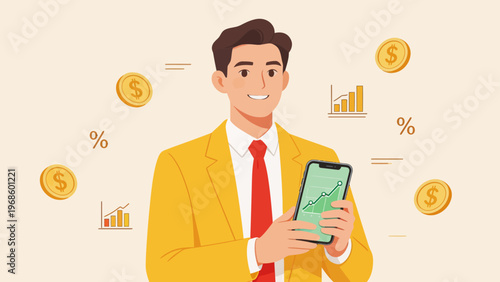 Businessman with phone and financial symbols