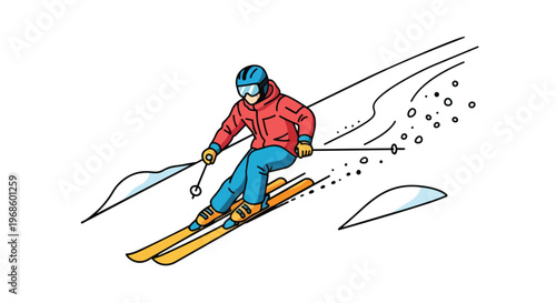 Cartoon illustration of a skier carving down a snowy mountain slope