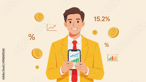 Businessman with financial data on phone