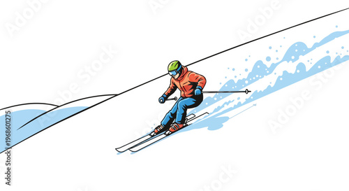 Illustration of a Skier Carving Down a Snowy Mountain Slope