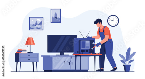 Professional technician in overalls repairing a television set at home with tools in a cozy living room setting.