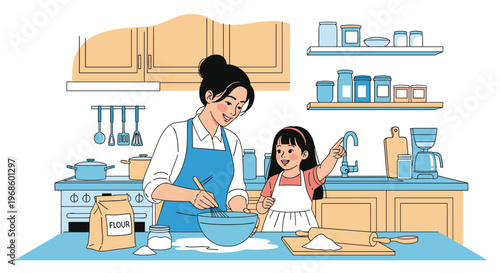 Mother and daughter in aprons cooking together in a kitchen while whisking ingredients in a bowl on a wooden table.