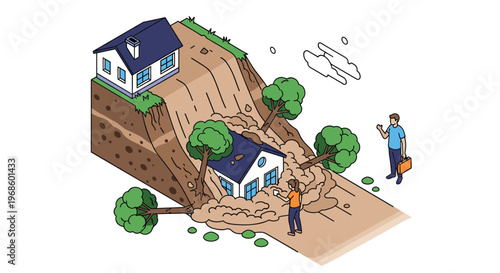Landslide disaster with houses being destroyed by falling soil and trees while people look on with deep concern.