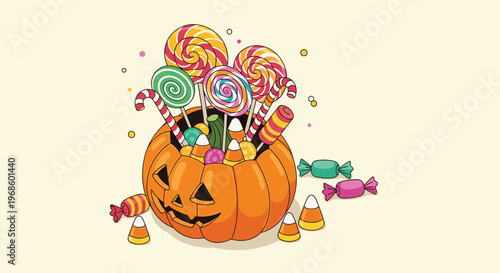 Halloween pumpkin lantern filled with various colorful candies lollipops and treats for trick or treat celebrations.