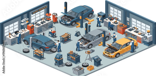 CAuto Repair Service Garage Isometric Illustration with Mechanics Fixing Cars, Workshop Tools, and Vehicle Diagnostics for Automotive Industry Designute Christmas Elf Characters Set with Gift Boxes 