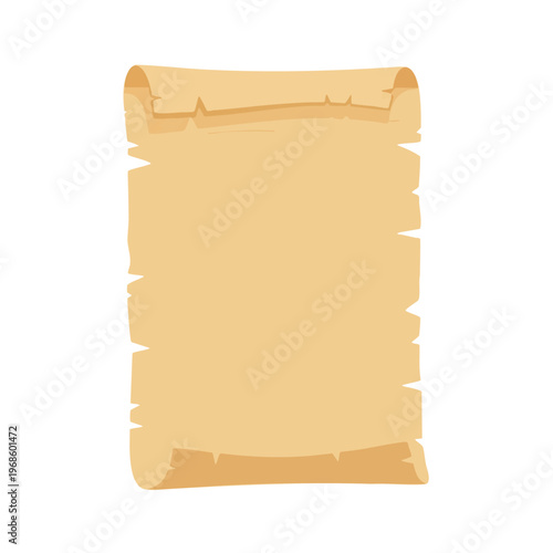 Empty, aged parchment scroll with torn edges and rolled ends on white