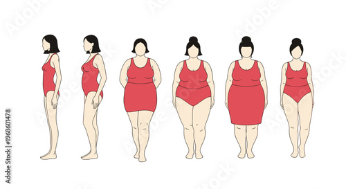 Silhouettes of women with different body shapes and sizes standing in a row wearing red swimsuits for body positivity.