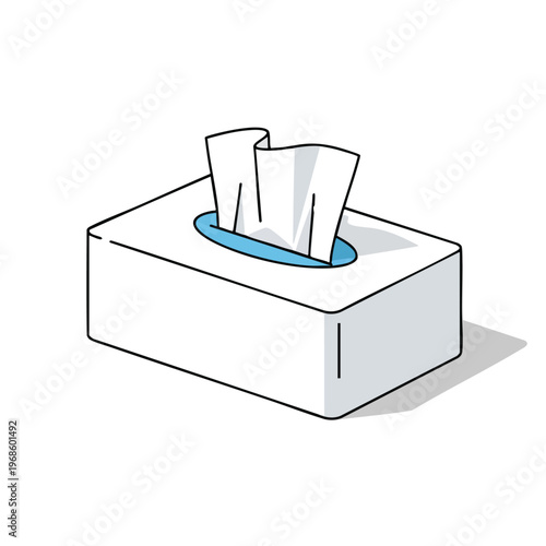 A white tissue box with a blue opening and white tissues emerging from it
