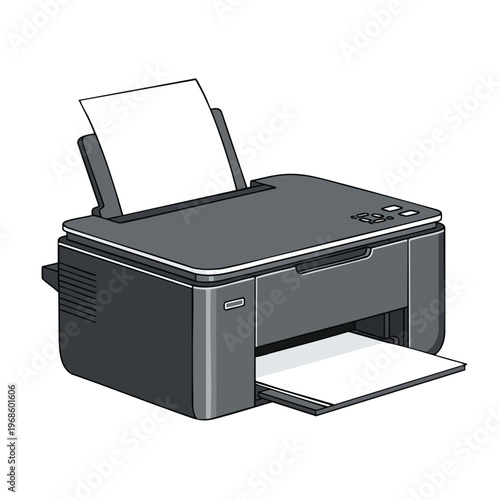 A grey office inkjet printer with blank white paper in the input tray and output tray