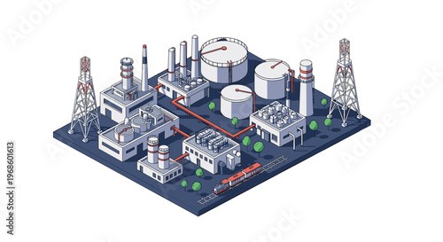 Isometric illustration of a complex chemical plant with industrial storage tanks, distillation towers, pipes, and a freight train on site.