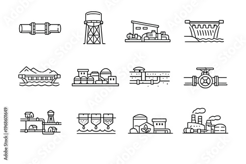 Industrial Infrastructure Line Icon Set with Factory, Oil, Mining and Energy Facilities