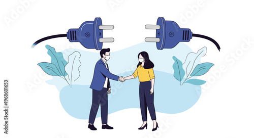 Business partners wearing masks shake hands under large electrical plugs symbolizing a successful connection and energetic partnership.