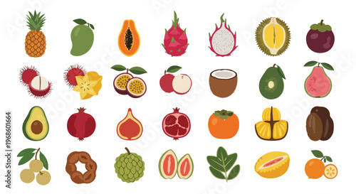 A vibrant collection of diverse tropical fruits, some whole and others cut open, showcasing their colorful interiors.