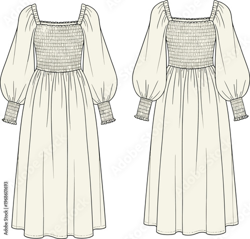 Boho smocked midi dress illustration, front and back view, puff sleeve long dress design, minimalist fashion vector, elegant feminine apparel concept