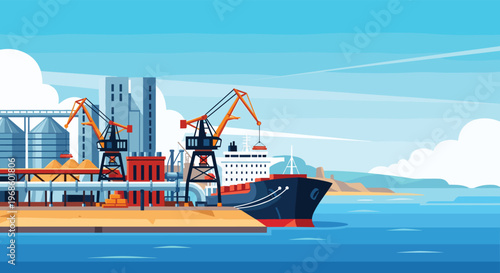 Industrial cargo port scene featuring massive yellow cranes loading a large container ship next to grain storage silos and factories.