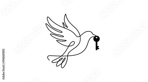 Minimalist Bird in Flight With Key, Continuous Line Art Vector Illustration