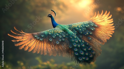 Peacock in flight against foliage