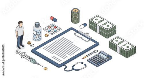 Healthcare and insurance concept showing a man standing next to a large medical clipboard, prescription pills, money, and a stethoscope.