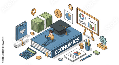 Educational concept of economics featuring a student sitting on a giant book surrounded by money, financial graphs, and a calculator.