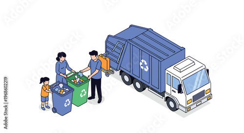Family including a child and two adults sorting waste into colorful recycling bins next to a large blue waste collection garbage truck.