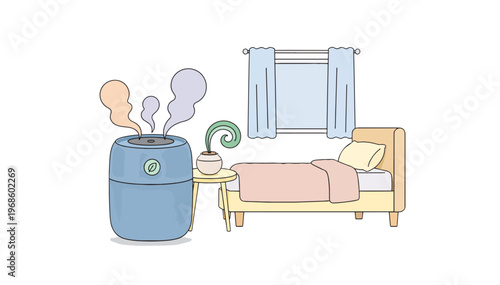 Air purifier in a bedroom flat vector illustration. Home appliance for clean air and allergy relief concept. Soft pastel color palette design isolated on transparent background