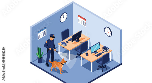 Security guard with a flashlight and a trained dog perform a nighttime inspection inside a modern office with desks and computers.