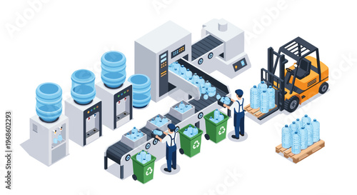 Workers at a water production facility manage a conveyor belt with gallon bottles while a forklift operator moves stacked pallets.