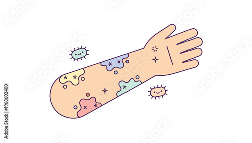 Skin allergy rash on arm flat vector illustration. Dermatitis and itching symptom concept with bacteria characters. Medical graphic isolated on transparent background