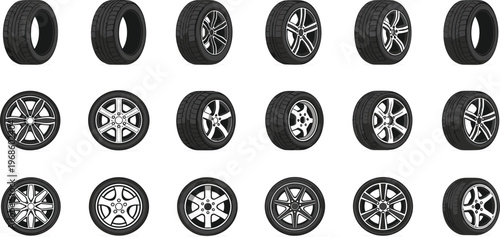 Car Wheel and Tire Collection with Alloy Rims and Automotive Wheel Designs for Vehicle Customization, Auto Service, and Transportation Vector Illustration Set
