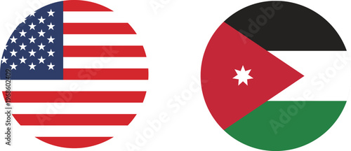A set of circular icons of the flags of the United States of America and jordan.