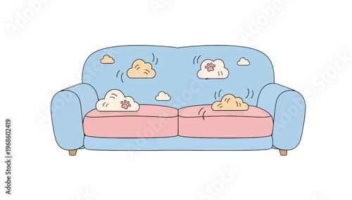 Pet dander and dust clouds on a sofa. Home allergen and hygiene concept. Minimalist flat design vector illustration isolated on transparent background