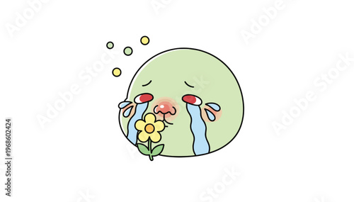 Watery eyes from hay fever flat vector illustration. Seasonal spring allergy and rhinitis symptom concept. Cartoon character isolated on transparent background