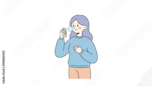 Woman using a nasal spray for allergy and cold relief. Flat vector illustration with soft pastel colors. Healthcare and medical treatment concept isolated on transparent background
