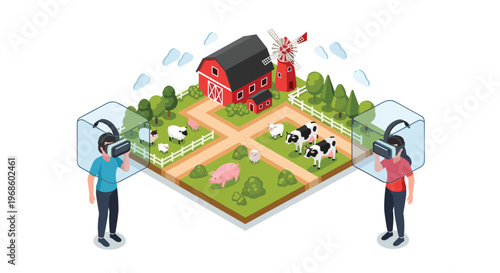 Two people wearing virtual reality headsets experience an immersive digital simulation of a farm with animals, a barn, and a windmill.